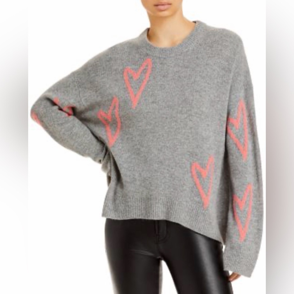Zadig & Voltaire Markus Pink Hearts Cashmere Long Sleeve Sweater Gray Size Small
